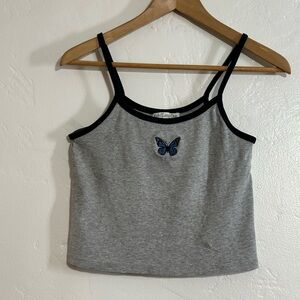 Blue Butterfly Embroidered Grey Tank Top